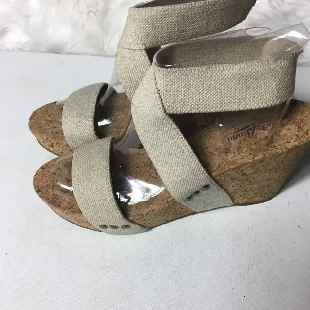 Lucky Brand cork wedge khaki elastic sandals SZ10w